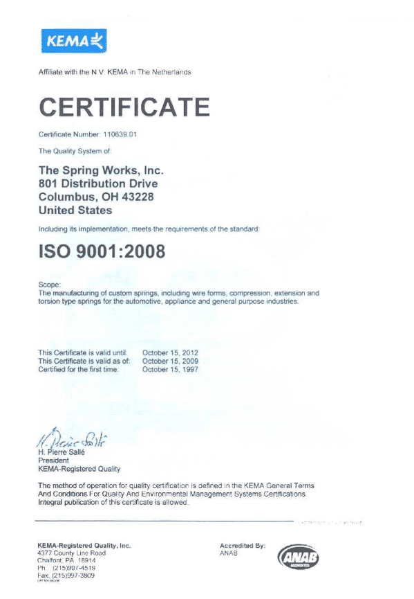 The Spring Works, Inc. ISO-9001:2008 Certification